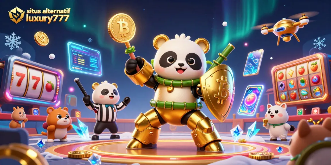 Experience thrilling gameplay with situs alternatif luxury777 in this vibrant casino illustration featuring crypto coins and slot elements.