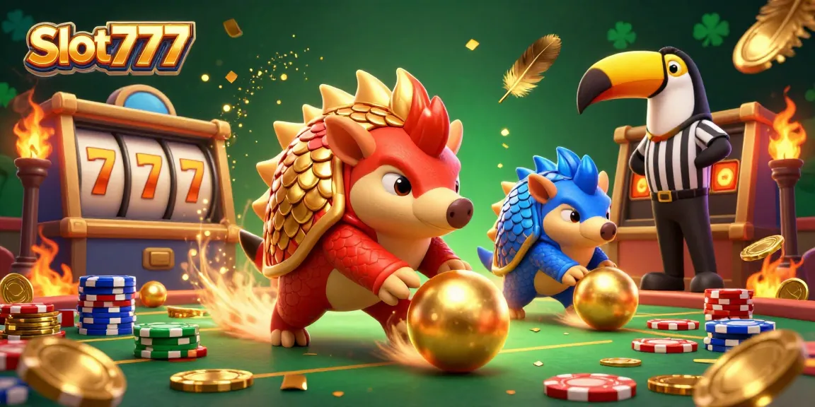 Experience the thrill of slot777 with cartoon pangolins battling in a vibrant gaming arena.