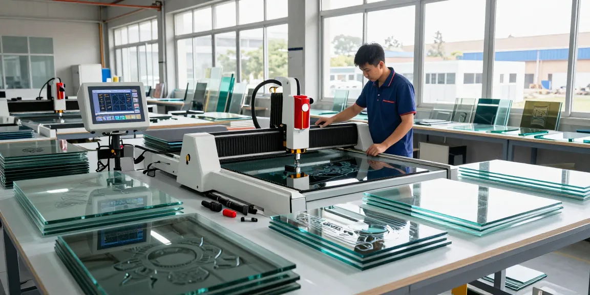 CNC glass cutting machine in a glass processing workshop with technician and polished glass sheets.