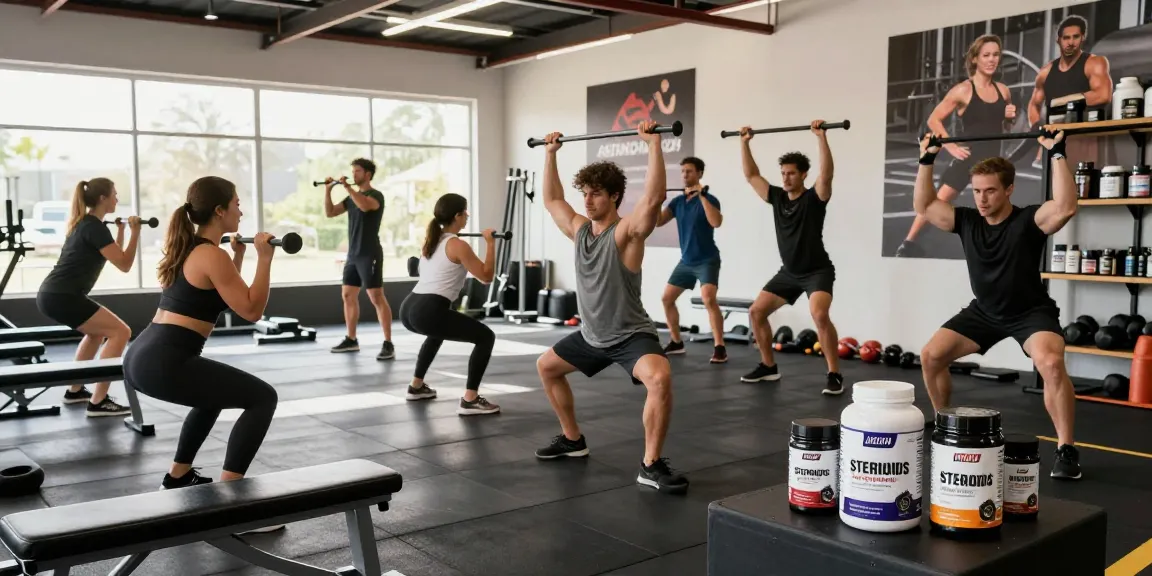 Athletes training in a gym showcasing Astera Steroids Shop products, emphasizing fitness and performance.