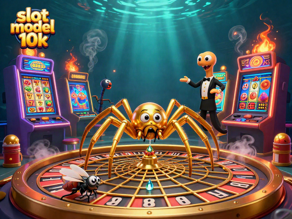 Engage with the slot modal 10k in an exciting 3D casino scene featuring a golden spider and a centipede croupier.