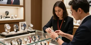 Showcasing premium clone watches at a luxury retail display with attentive customer service.