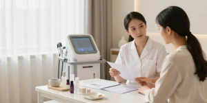 クライアントが穏やかなスパ環境でVIO脱毛+クリニックの利点について学んでいる