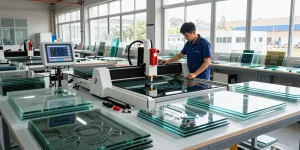 CNC glass cutting machine in a glass processing workshop with technician and polished glass sheets.