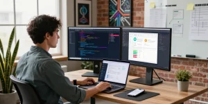 快连 developer working at a modern workspace with dual monitors showing coding and design elements.