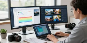 AI detector analysis in a modern tech workspace with dual screens and focused analyst.