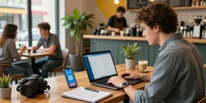Young professional using Telegram blocked in China while working remotely at a café, surrounded by tech gadgets.