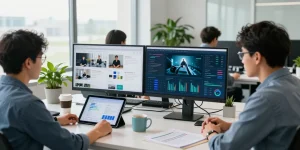 Team analyzing data to detect AI images, showcasing advanced AI technology in a modern workspace.