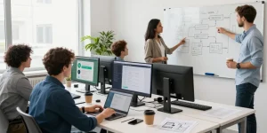 Collaborative workspace showcasing WhatsApp網頁版, professionals engaging in teamwork with laptops and flowcharts.