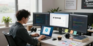 Developer immersed in coding Telegram 纸飞机中文版 on dual screens in a modern workspace.