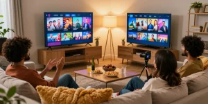 Friends enjoying movies on the best tv series platform bollyu org in a cozy living room