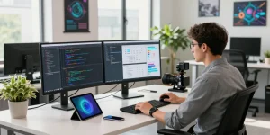 Developer coding at a modern workspace illustrating telegraimin.com in a tech-focused environment.