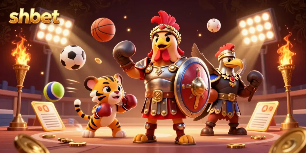 Experience thrilling action at shbet with a gladiator rooster and sports elements in an exciting casino scene.