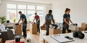 Efficient Wohnungsentrümpelung Berlin service in an urban apartment, team decluttering with natural light.