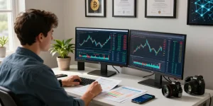 Professional analyzing methods to recover lost crypto in a modern home office.