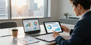 Consultation on merchant cash advance UK options in a modern office setting with financial advisor and business owner.