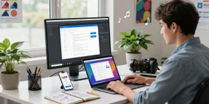 WPS下载 on a laptop in a modern office workspace showcasing collaborative editing tools, vibrant document interface.