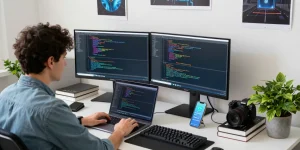 Efficient workspace showing a programmer using 纸飞机中文版 app on laptop, surrounded by coding tools and tech gadgets.
