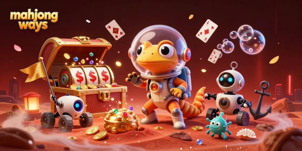 Experience mahjong ways with a vibrant scene of Martian gecko exploring a golden casino.