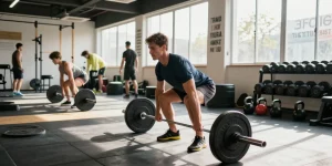 Dynamic workout session at Deus Medical Shop with athlete lifting weights in modern gym.