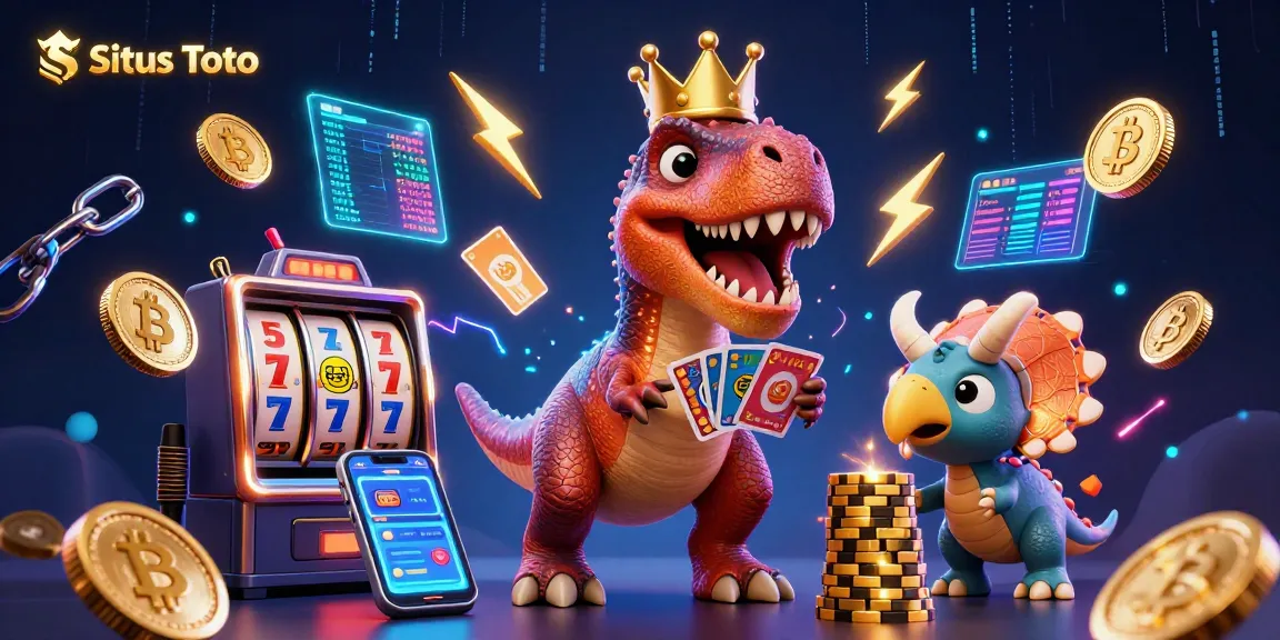 Situs Toto casino-themed illustration featuring a T-Rex shuffling cards with a pterodactyl and triceratops stacking chips.