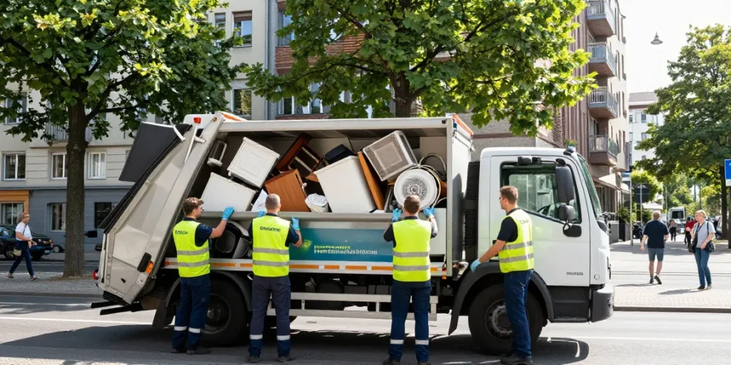 Efficient Sperrmüllabholung 80 Euro Berlin service loading bulky waste into truck in a sunny urban setting.