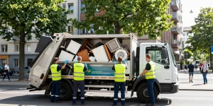 Efficient Sperrmüllabholung 80 Euro Berlin service loading bulky waste into truck in a sunny urban setting.