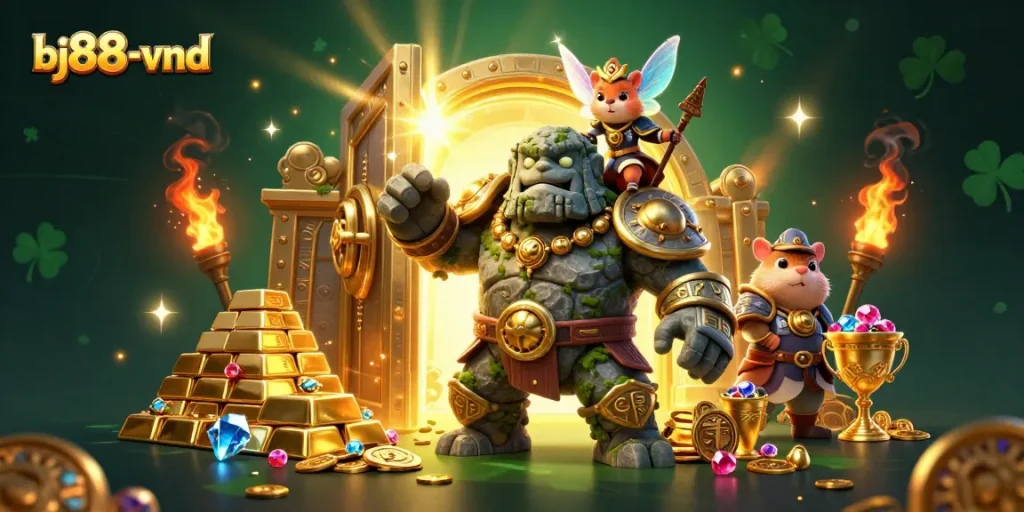 Engage with bj88-vnd's vibrant casino energy through a lively 3D illustration of magical characters and treasures.