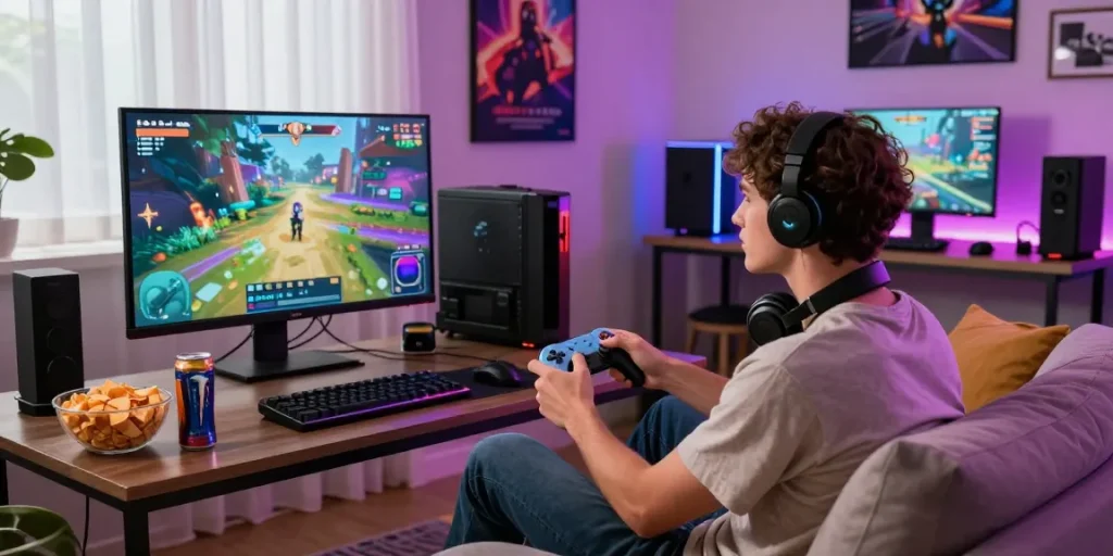 Engaged gamer playing on 7meter platform with vibrant graphics and cozy room ambiance.