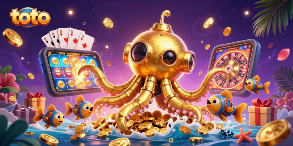 Jelajahi keseruan toto di dunia kasino dengan ilustrasi kraken dan ikan mekanis yang menakjubkan.