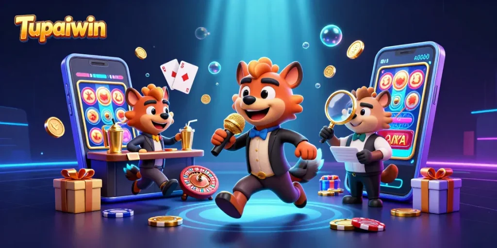 Experience the vibrant casino atmosphere of Tupaiwin with entertaining hyena characters and dynamic gaming elements.