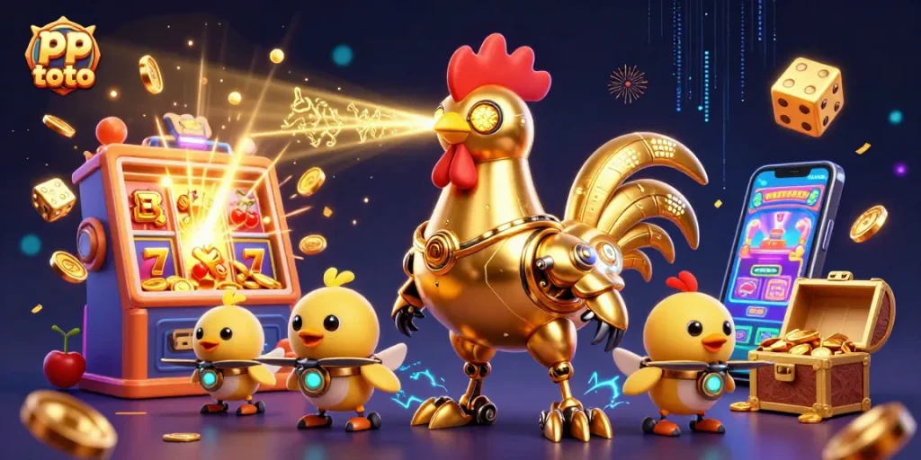 Menangkan jackpot di pp toto dengan ilustrasi robot ayam emas futuristik yang memikat.