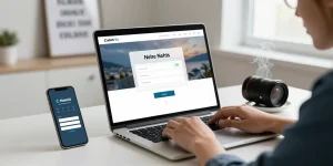 login raja328 interface on a laptop at a modern workspace, highlighting user engagement and productivity.