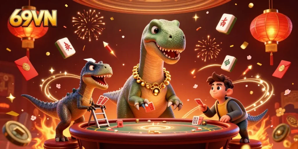 Engage with 69VN's dynamic casino adventure featuring a giant brontosaurus amidst festive gaming elements.