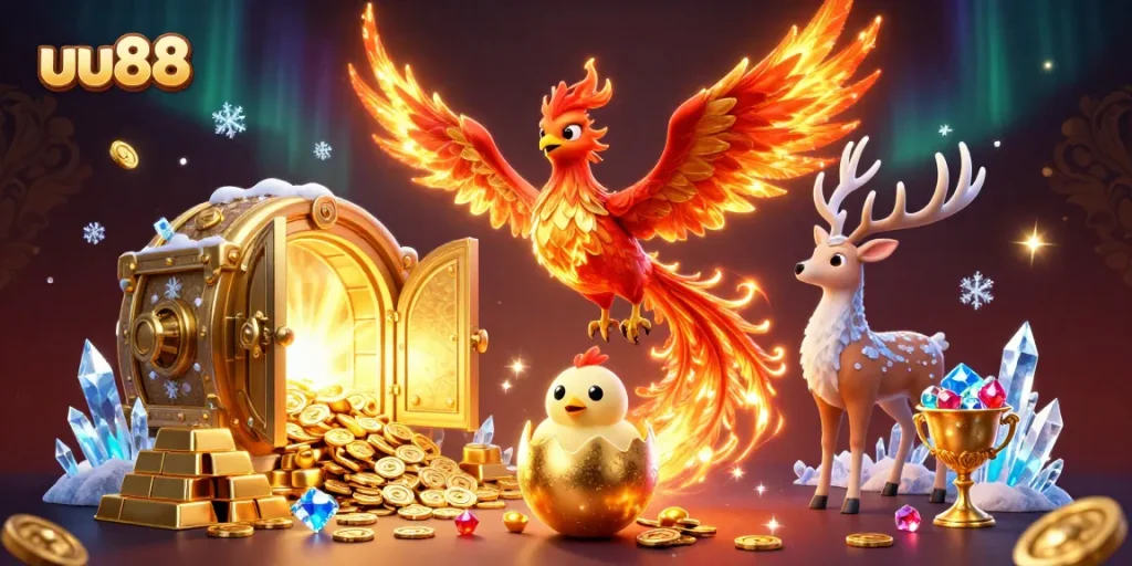 Engage in thrilling gameplay with UU88's vibrant phoenix scene filled with treasure and games.