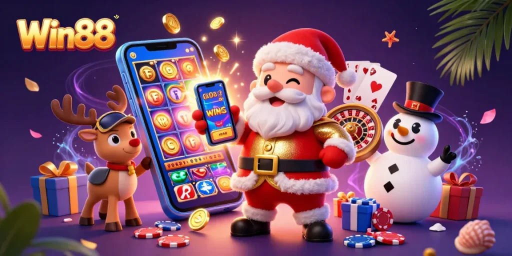 Win88 brings festive fun as Santa explores jackpot slots with his reindeer and snowman companions.