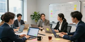Marketing team discussing strategies to manage companynamesucks.com reviews effectively in a modern office.