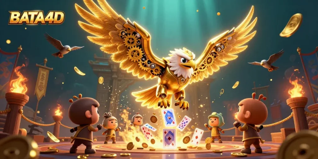 BATA4D showcases a lively 3D illustration of a cybernetic eagle diving through holographic cards in a vibrant casino atmosphere.
