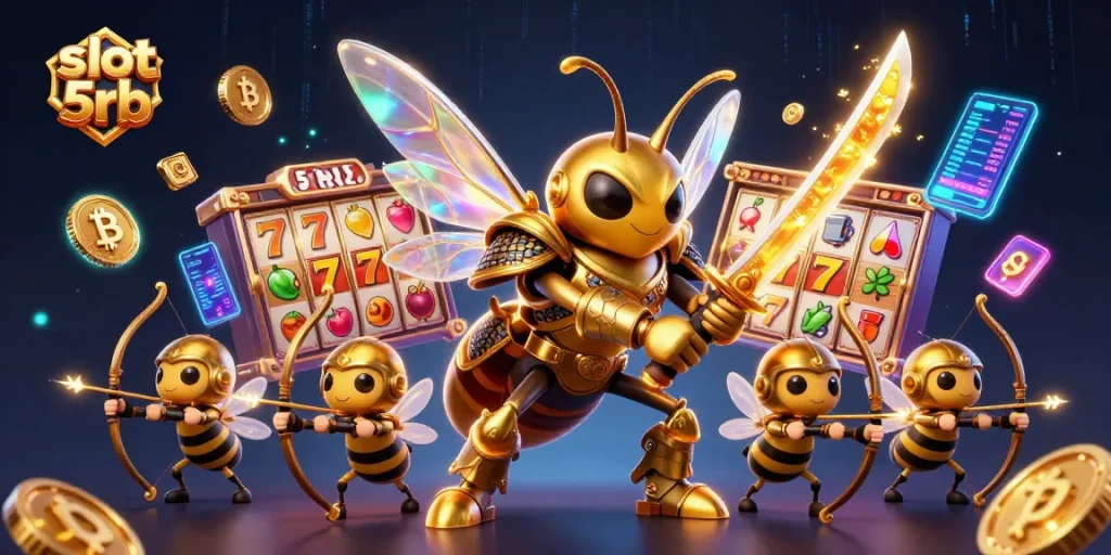 Engage with the slot 5rb game alongside a golden hornet in dynamic action, showcasing 3D casino elements.