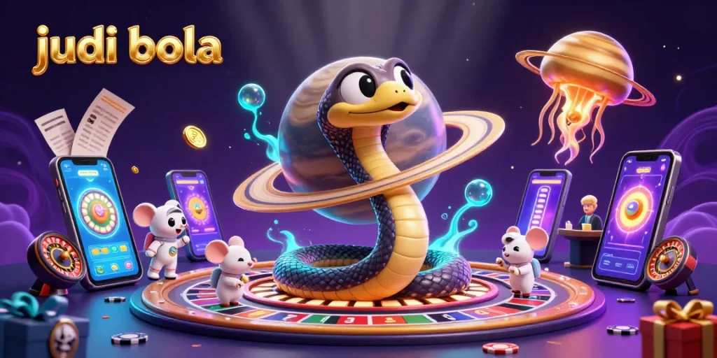 Place bets on judi bola featuring a cosmic dealer and vibrant betting elements.