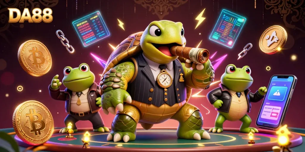 Experience DA88's vibrant gambling scene featuring a mobster turtle and bullfrog enforcers.
