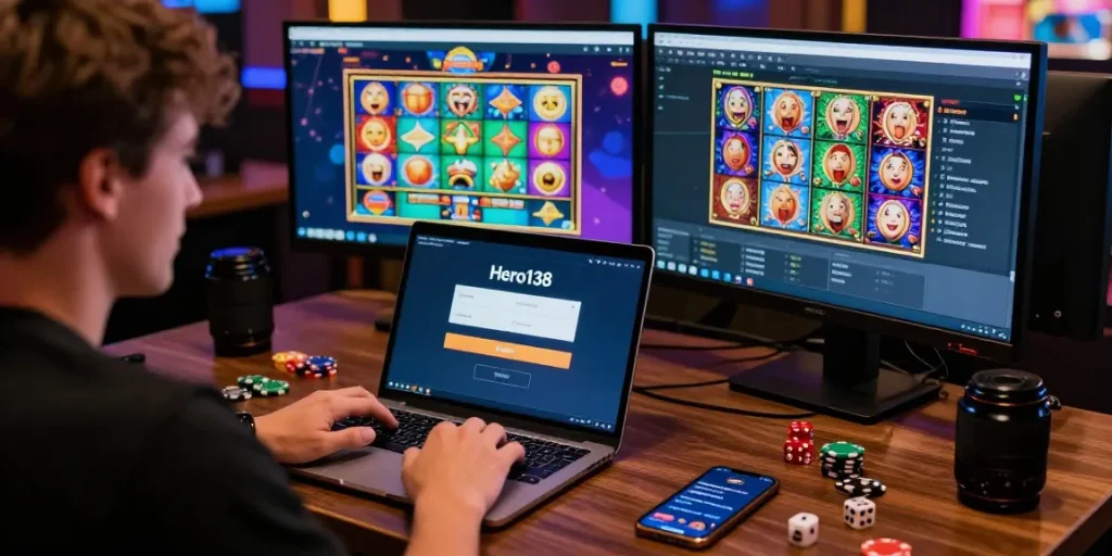 Login hero138 page on a vibrant online gaming setup with colorful slot games