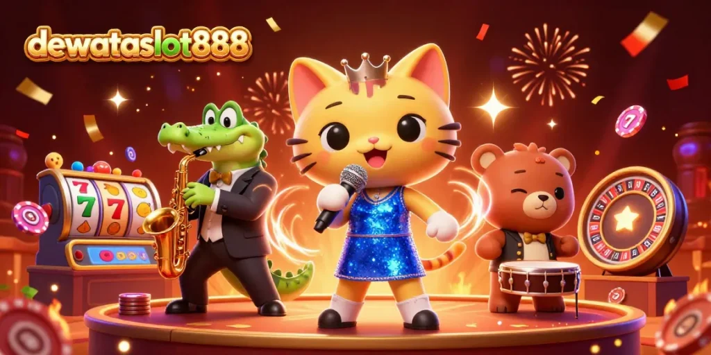 Mengalami keseruan bermain dewataslot888 dengan karakter kartun kucing penyanyi jazzy di panggung kasino.